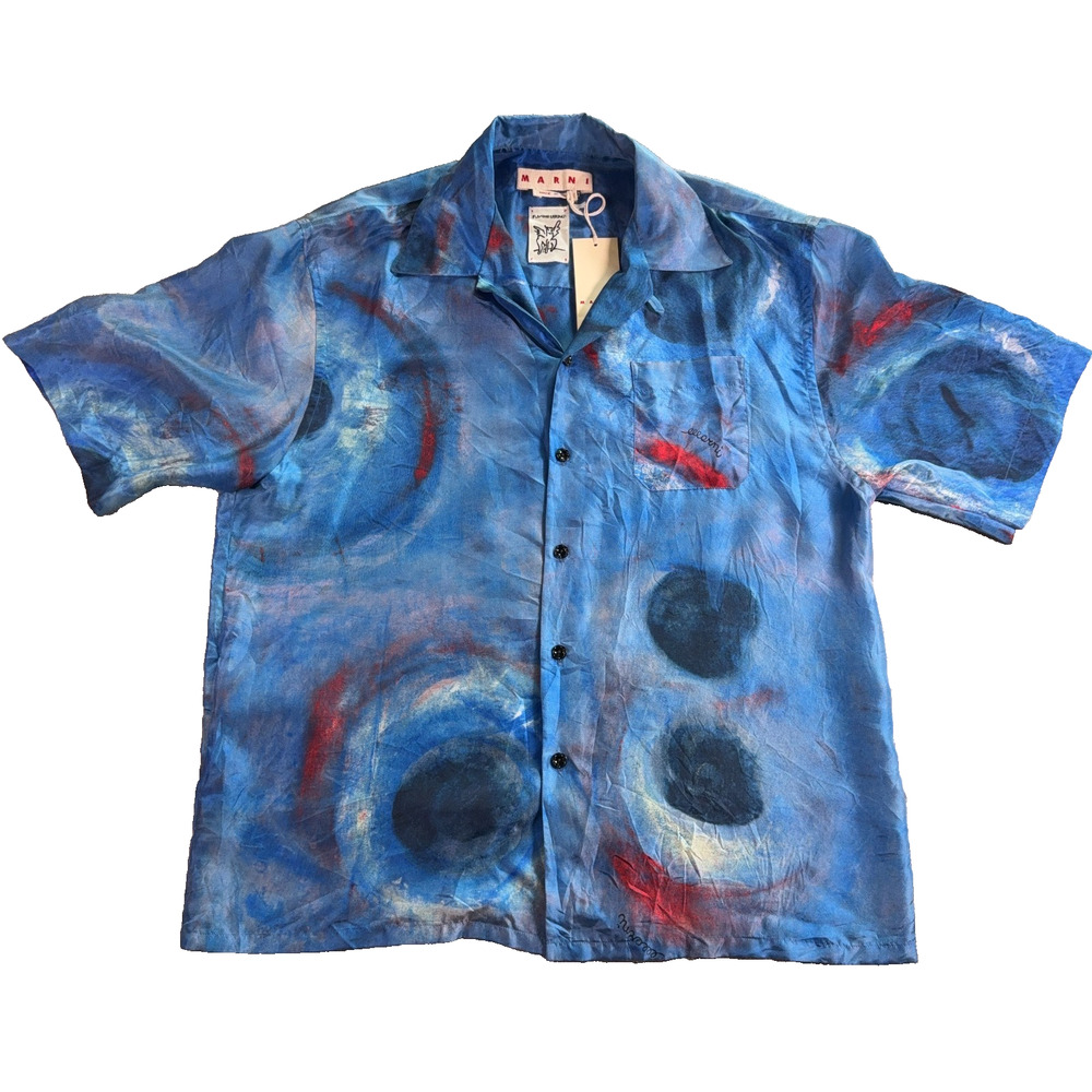 Marni Buchi Blu Habotai Silk Bowling Shirt Men’s 50 Blue NWT Made Italy